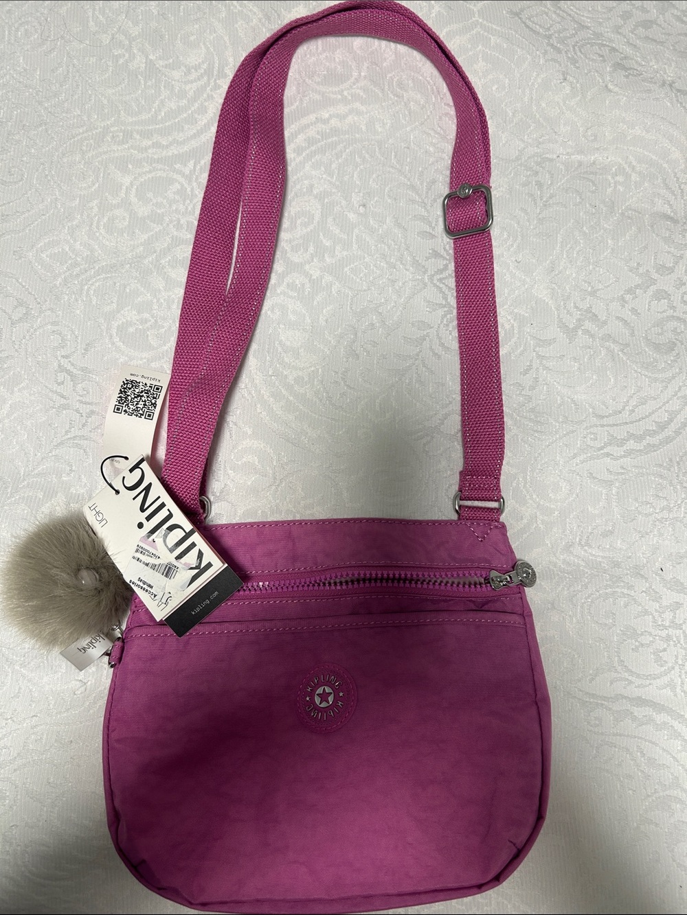 Kipling Fuchsia Crossbody Bag with Pom-Pom Charm